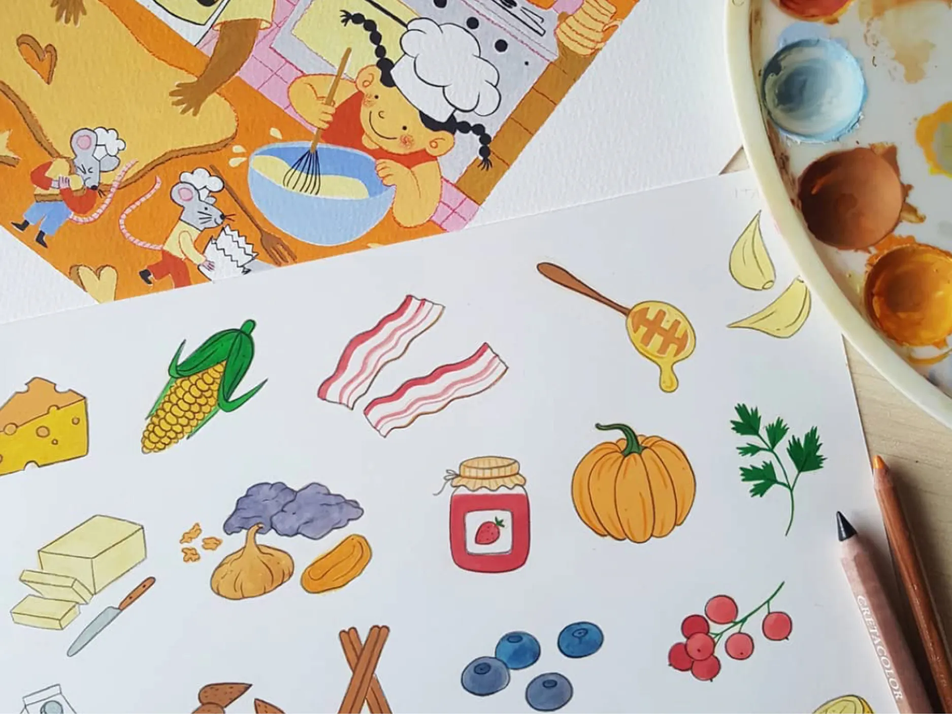 Fotografija dveh ilustracij s hrano, zraven paleta z barvami